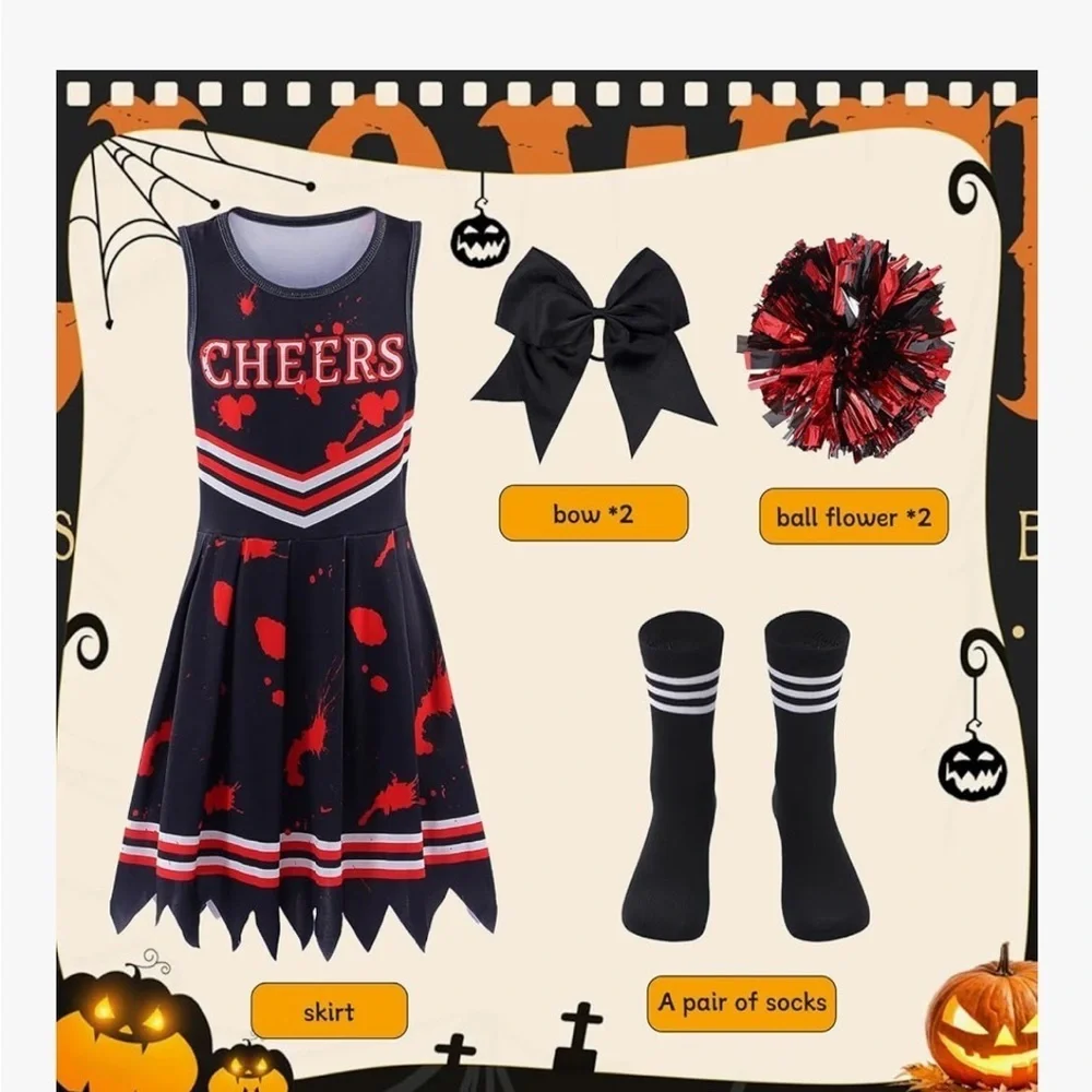 NWT Zombie Cheerleader Costume with Pom Poms, socks and 2 Bows size 8